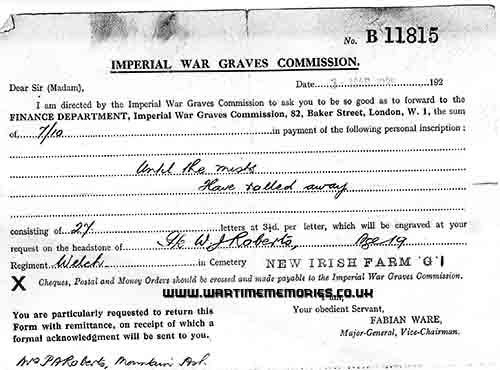<p>W J Roberts receipt for grave inscription